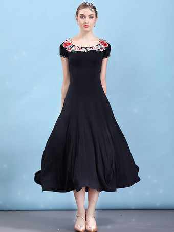 ボールルームのダンスドレスブラック花の半袖の女性ダンスの衣装