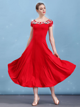 レッドボールルームのダンスドレスブラック花の半袖の女性ダンスの衣装