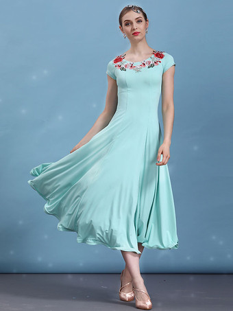 ミントグリーンボールルームのダンスドレスブラック花の半袖の女性ダンスの衣装