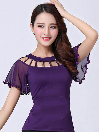 パープル ボールルームのダンスコスチュームトップ赤の女性の半袖カットアウトトレーニングダンスの服