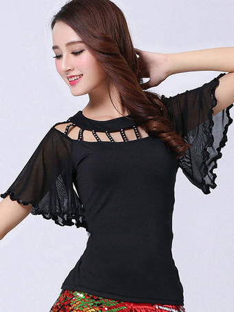 ブラック ボールルームのダンスコスチュームトップ赤の女性の半袖カットアウトトレーニングダンスの服