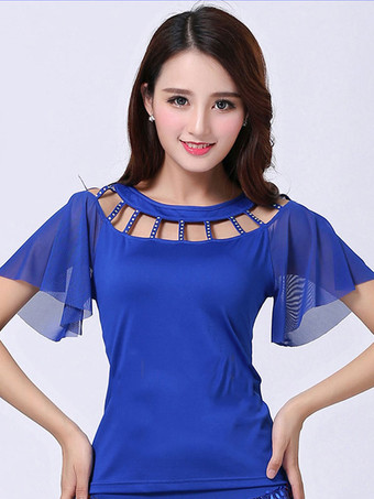 ロイヤルブルーボールルームのダンスコスチュームトップ赤の女性の半袖カットアウトトレーニングダンスの服