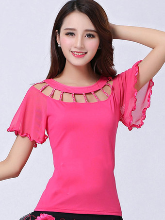 ローズレッドボールルームのダンスコスチュームトップ赤の女性の半袖カットアウトトレーニングダンスの服