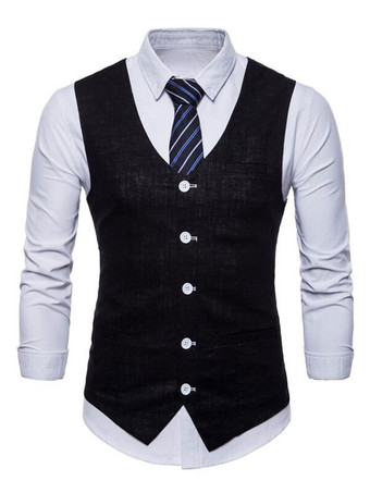ブラック スーツ ベスト ダークグリーン スリム ビジネス メンズベスト フォーマル ジャケット 正装 綿麻 無地 フロントボタン ブレザー ジャケット Vネック メンズファッション