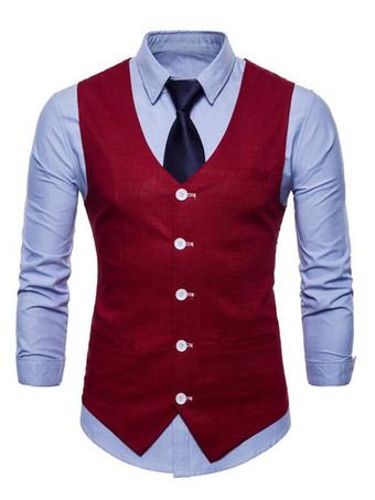 ワインレッド スーツ ベスト ダークグリーン スリム ビジネス メンズベスト フォーマル ジャケット 正装 綿麻 無地 フロントボタン ブレザー ジャケット Vネック メンズファッション
