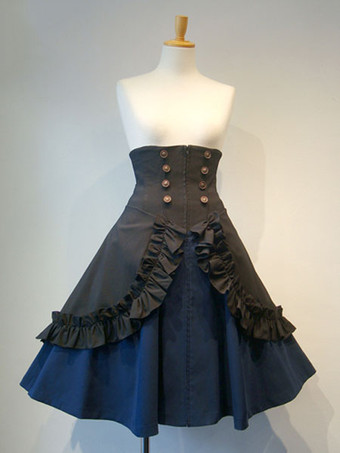 ダークネイビーゴスロリ 軍服 スカート ショート ゴシックロリータSK フリル ボタン 制服コスプレ プリーツ レースアップ アイドル衣装 ブラック ロリータスカート ミリロリ