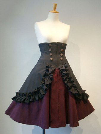 バーガンディーゴスロリ 軍服 スカート ショート ゴシックロリータSK フリル ボタン 制服コスプレ プリーツ レースアップ アイドル衣装 ブラック ロリータスカート ミリロリ