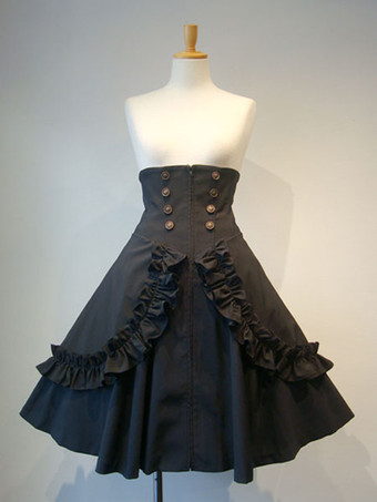 Gothic Lolita SK Frill Button Pleated Lace Up Black Lolita Skirt