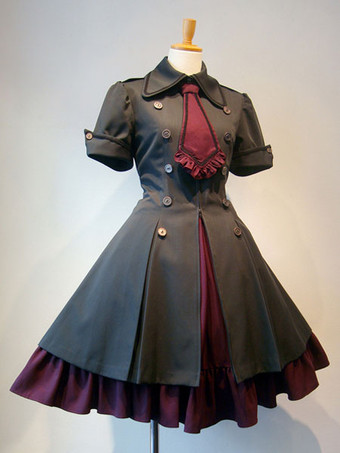 ゴスロリ 軍服ワンピース クラシカル フリル リボン ボタン レースアップ アイドル衣装 ロリータワンピース メイファス ジャケットワンピース 赤ワイン