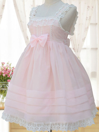Doce Lolita JSK Vestido Organza Lace Bow Pink Lolita Jumper Saia