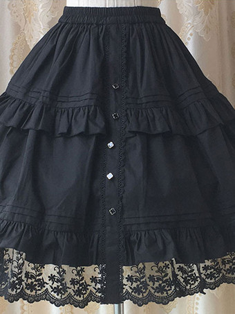 ブラック スウィートロリータSKレーストリムフリルコットンホワイトロリータスカート