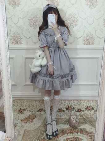 Vestido de una pieza Sweet Lolita OP Dress Chiffon Ruffle Plisado Vestido de una pieza de Lolita gris