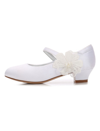 ホワイトフラワーガールズシューズサテンラウンドトゥフラワーディテールパーティーシューズメアリージェーンシューズfor Kids