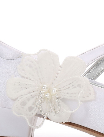 ホワイトフラワーガールズシューズサテンラウンドトゥフラワーディテールパーティーシューズメアリージェーンシューズfor Kids