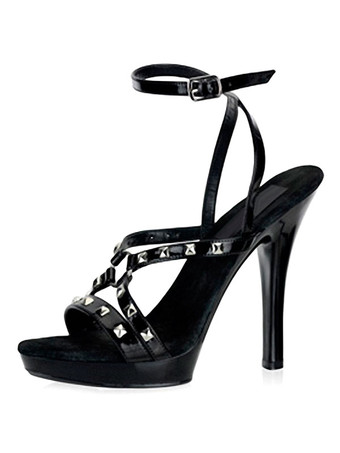 ブラック ハイヒールサンダル女性セクシーな靴黒オープントゥリベットアンクルストラップサンダルシューズ