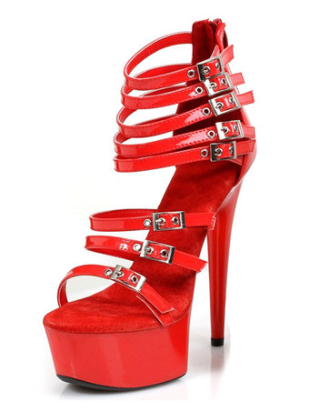 レッド女性のセクシーなサンダルハイヒールプラットフォームオープントーバックルの詳細ストラップスカイハイサンダルシューズ ポールダンスシューズ