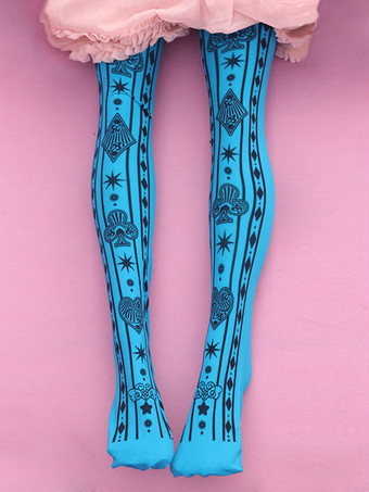 レイクブルー ホワイトロリータソックスポーカープリントコットンロリータニーハイソックス