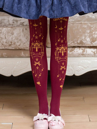 バーガンディーブラックロリータタイツハロウィーンデーモンクロス金メッキベルベットロリータストッキング