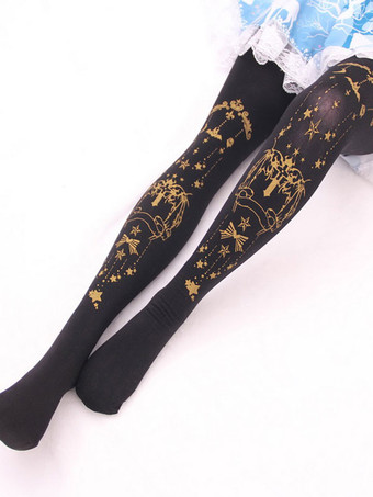 ブラックロリータタイツハロウィーンデーモンクロス金メッキベルベットロリータストッキング
