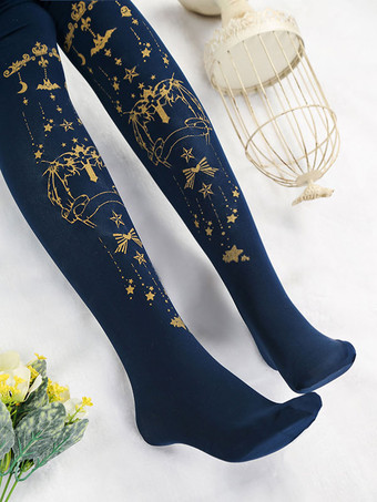 ダークネイビーブラックロリータタイツハロウィーンデーモンクロス金メッキベルベットロリータストッキング