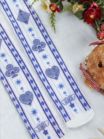 ホワイトロリータソックスポーカープリントコットンロリータニーハイソックス