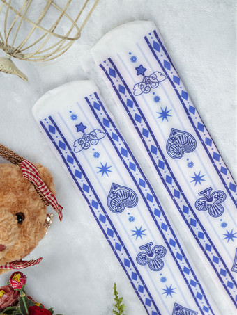 ホワイトロリータソックスポーカープリントコットンロリータニーハイソックス