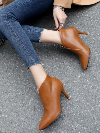 ブラウンアンクルブーツ女性の冬のブーツポインテッドトゥハイヒールブーツ