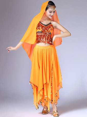 オレンジ ベリーダンス衣装　コスチューム　レディース　シフォン　スカート＆トップ＆ベール＆ボリウッド　４点セット　ダンスウエア　アラビアン 衣装