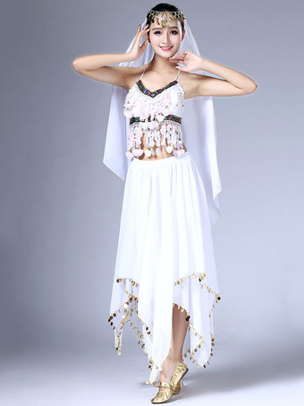 ホワイト ベリーダンス衣装　コスチューム　レディース　シフォン　スカート＆トップ＆ベール＆ボリウッド　４点セット　ダンスウエア　アラビアン 衣装