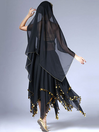 ブラック ベリーダンス衣装　コスチューム　レディース　シフォン　スカート＆トップ＆ベール＆ボリウッド　４点セット　ダンスウエア　アラビアン 衣装