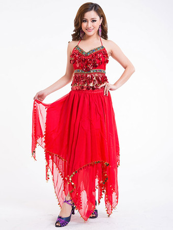 レッド ベリーダンス衣装　コスチューム　レディース　シフォン　スカート＆トップ＆ベール＆ボリウッド　４点セット　ダンスウエア　アラビアン 衣装