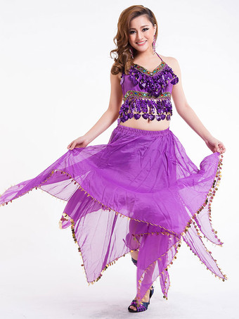 パープル ベリーダンス衣装　コスチューム　レディース　シフォン　スカート＆トップ＆ベール＆ボリウッド　４点セット　ダンスウエア　アラビアン 衣装