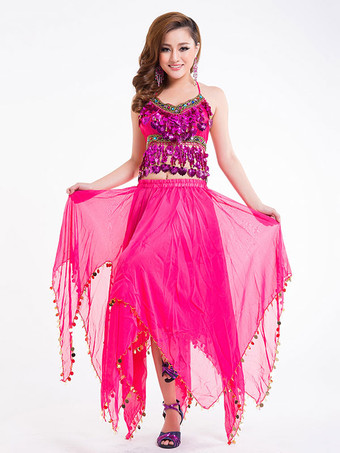 ローズレッドベリーダンス衣装　コスチューム　レディース　シフォン　スカート＆トップ＆ベール＆ボリウッド　４点セット　ダンスウエア　アラビアン 衣装