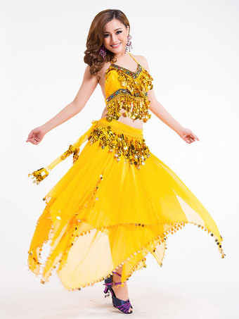 イエローベリーダンス衣装　コスチューム　レディース　シフォン　スカート＆トップ＆ベール＆ボリウッド　４点セット　ダンスウエア　アラビアン 衣装