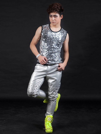 ジャズダンスコスチュームメンズシルバーベストスパンコールキラキラヒップホップダンスウエア