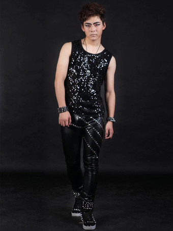 ジャズダンスコスチュームメンズシルバーベストスパンコールキラキラヒップホップダンスウエア