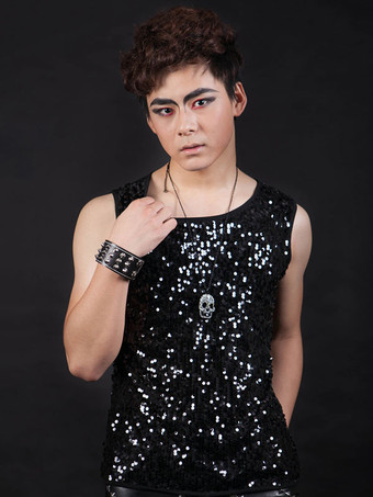 ブラック ジャズダンスコスチュームメンズシルバーベストスパンコールキラキラヒップホップダンスウエア