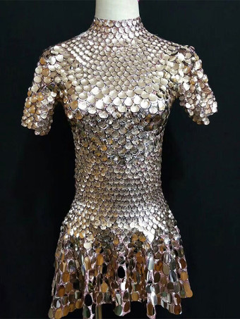 ジャズダンスコスチュームドレス女性シルバースパンコールショートスリーブナイトウェア