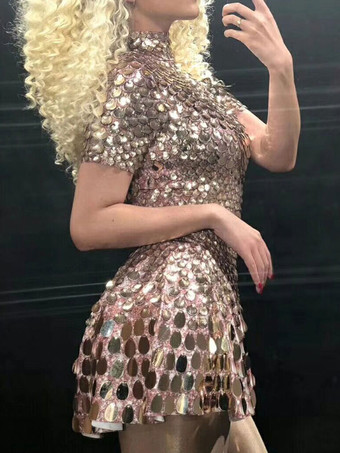 ジャズダンスコスチュームドレス女性シルバースパンコールショートスリーブナイトウェア