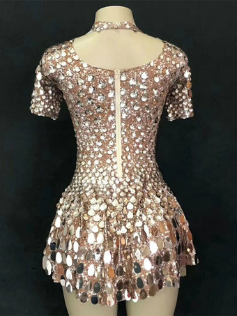 ジャズダンスコスチュームドレス女性シルバースパンコールショートスリーブナイトウェア