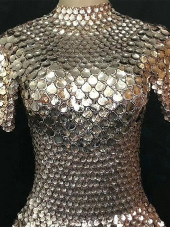 ジャズダンスコスチュームドレス女性シルバースパンコールショートスリーブナイトウェア