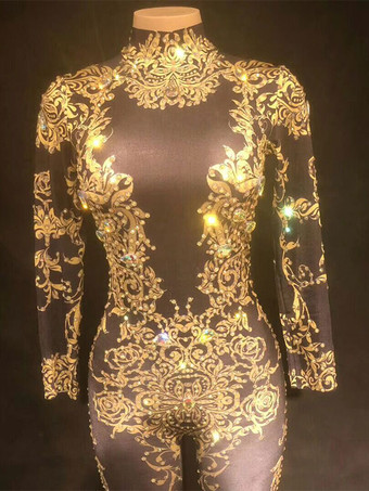 ジャズダンスジャンプスーツゴールドビーズプリントロングスリーブセクシーなナイトクラブのコスチューム女性用