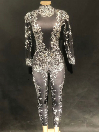 シルバー ジャズダンスジャンプスーツゴールドビーズプリントロングスリーブセクシーなナイトクラブのコスチューム女性用