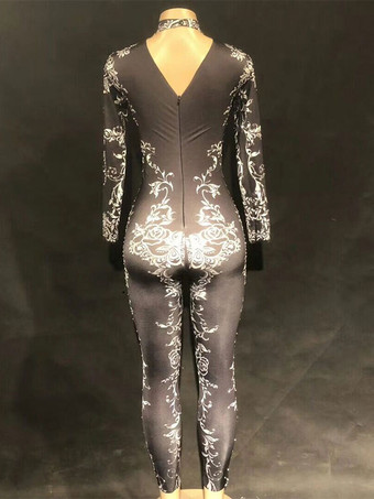 ジャズダンスジャンプスーツゴールドビーズプリントロングスリーブセクシーなナイトクラブのコスチューム女性用