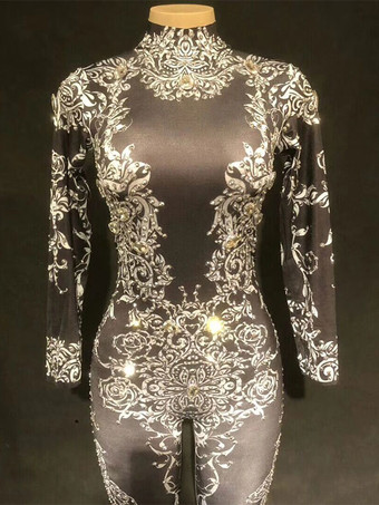 ジャズダンスジャンプスーツゴールドビーズプリントロングスリーブセクシーなナイトクラブのコスチューム女性用