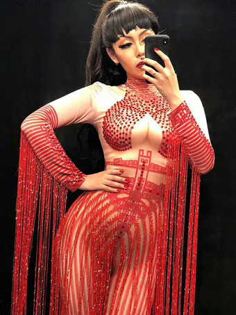 ジャズダンスコスチュームレッドタッセルロングスリーブ女性セクシーなクラブウェア