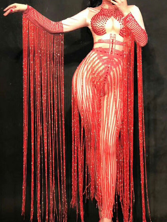 ジャズダンスコスチュームレッドタッセルロングスリーブ女性セクシーなクラブウェア