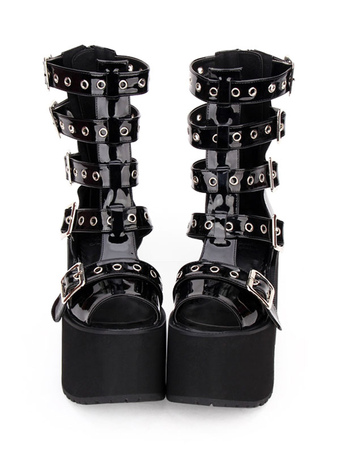 Kaufen Sie schöne und billige Lolita Schuhe online | Lolitashow Süße Lolita Stiefel schwarze kniehohe klobige