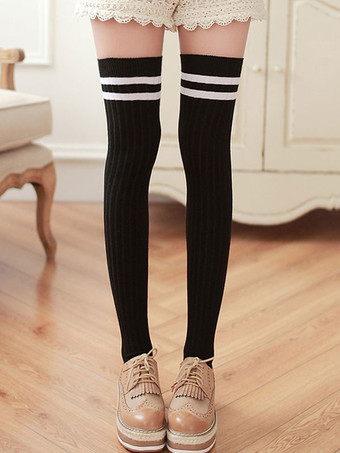 ブラック スウィートロリータストッキング2トーンストライプコットンニーハイソックス