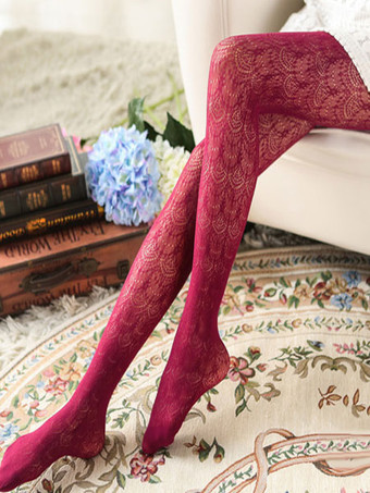 ワインレッド スウィートロリータパンティストッキングジャカードレースソリッドカラーロリータストッキング